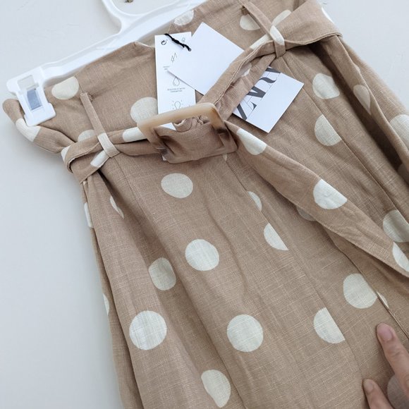 Zara Polka Dot belted linen blend midi skirt Beige XS NWT - Picture 7 of 9